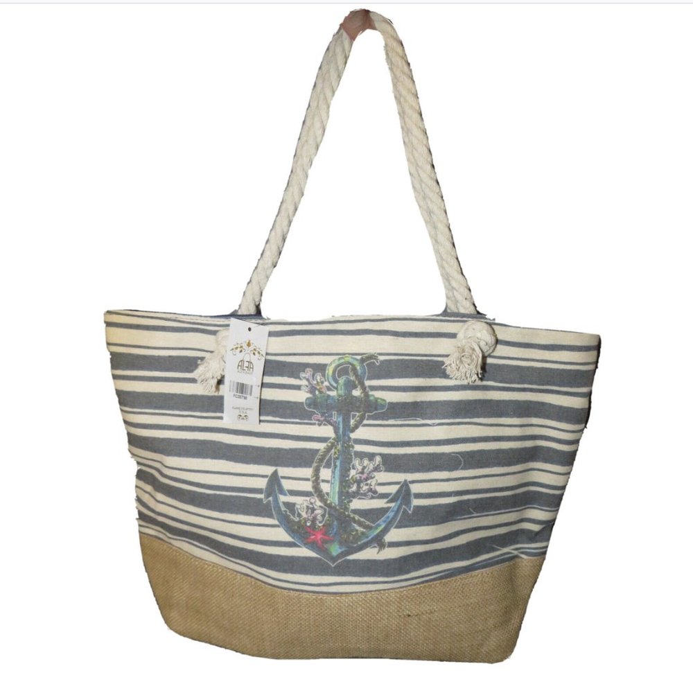 Alfa Bags Nautical Anchor Striped Rope Handle Boho Large Tote Bag, Zip Closure
